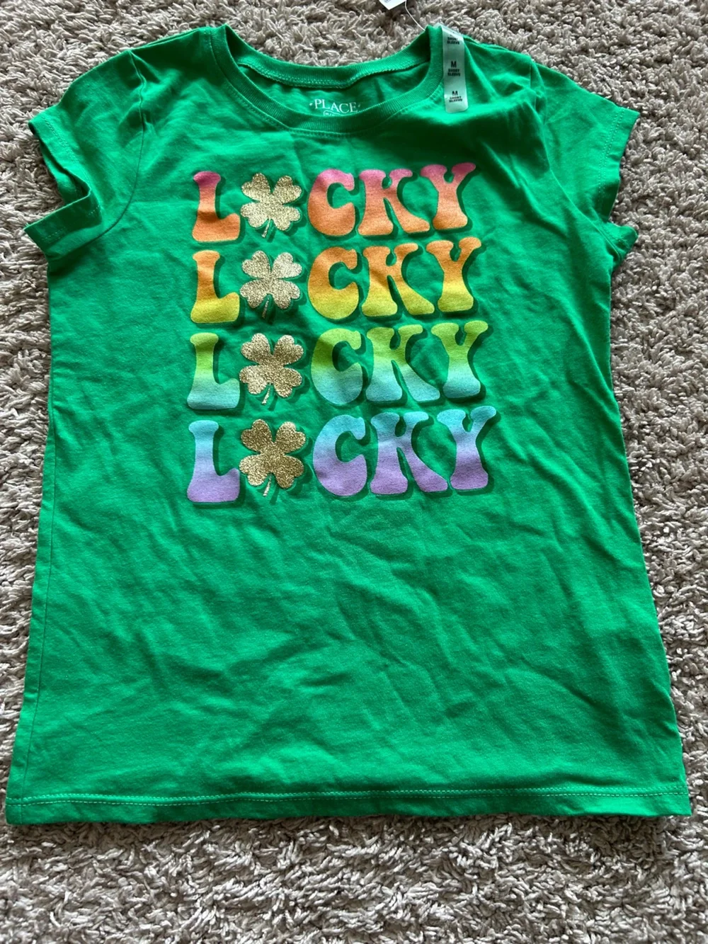 Place Green Short Sleeve Tee with Rainbow Letters and Gold Shamrocks
